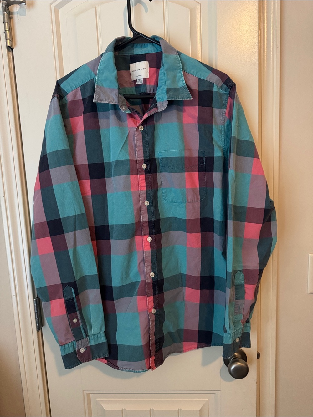American Eagle Outfitters Teal, Pink & Navy Plaid Button-Down Shirt